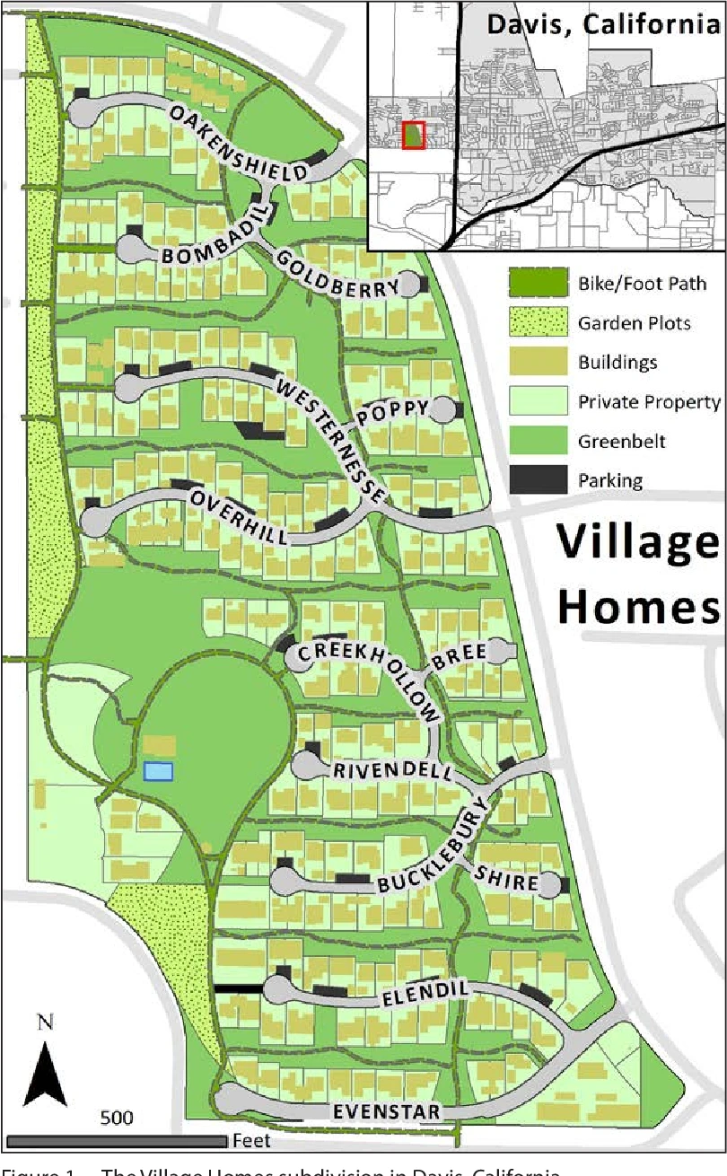 Village Homes site plan showing the east-west street layout, Davis CA